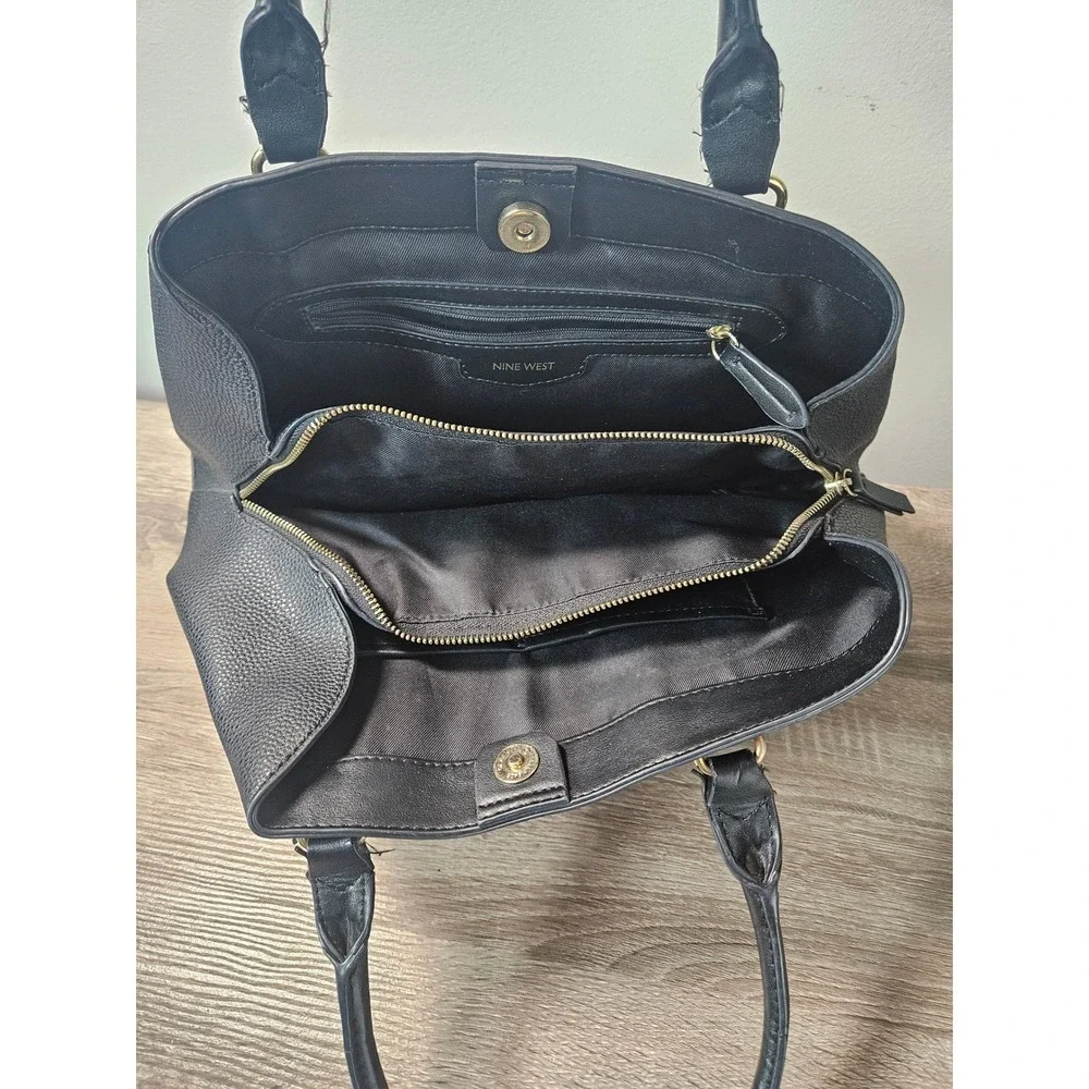 Nine West Black Pebbled Faux Leather Satchel Handbag Gold Hardware Work Tote